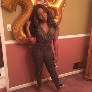 Glittery gold halter low cut back jumpsuit